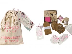 Geschenkanhänger Set 'Loveria' 100 Teile | 1 Stoffbeutel | 25 rechteckige Geschenkanhänger aus Kraftkarton | 25 rechteckige Geschenkanhänger aus weißem Karton | 25 runde Geschenkanhänger aus weißem Karton | 25 herzförmige Geschenkanhänger aus Kraftkarton