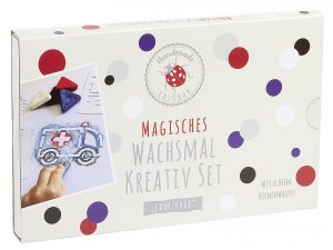 Wachsmal Kreativ-Set 'Fahrzeuge' 10-teilig 4 Wachsmaldreiecke | 1 Metallic Wachsmaldreieck | 5 Papierschablonen