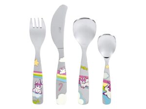 PROFINO Kinderbesteck 'Einhorn' 4-teilig 4-teilig: bestehend aus: 1 x Gabel (L 18,3 cm), 1 x Messer (L 17 cm), 1 x Esslöffel (L 16,5 cm), 1 x kleiner Löffel (L 13,3 cm)