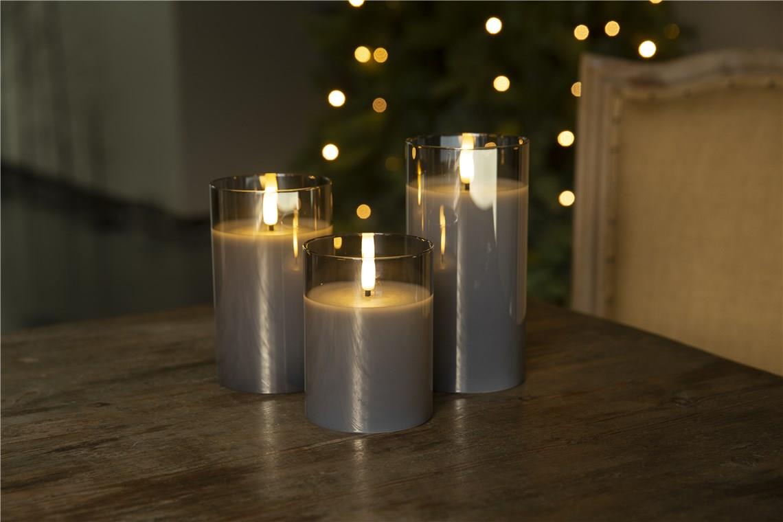 3er-Set LED-Echtwachs-Kerzen im Glas, grau-transparent- VPE: 1
