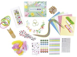 Bastel Set 'Frühling' 600 Teile | 5 Tonpapier Bögen | 3 Washi Tapes | 10 Chenille-Drähte | 20 Holzstäbchen | 90 Wackelaugen | 10 Wackelherzen | 50 Pompons | 36 Marabu Federn | 12 Holzklammern | 50 Papierstreifen 7 mm | 250 Papiersticker | 100 Diamant Stic