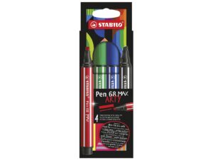 STABILO Fasermaler 'Pen 68 MAX Arty' 4er Kartonetui 4er Etui | mittelblau, grün, schwarz und hellrot